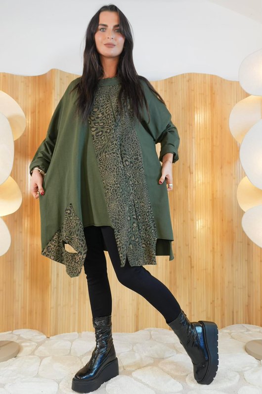 Leopard Panel Top Khaki